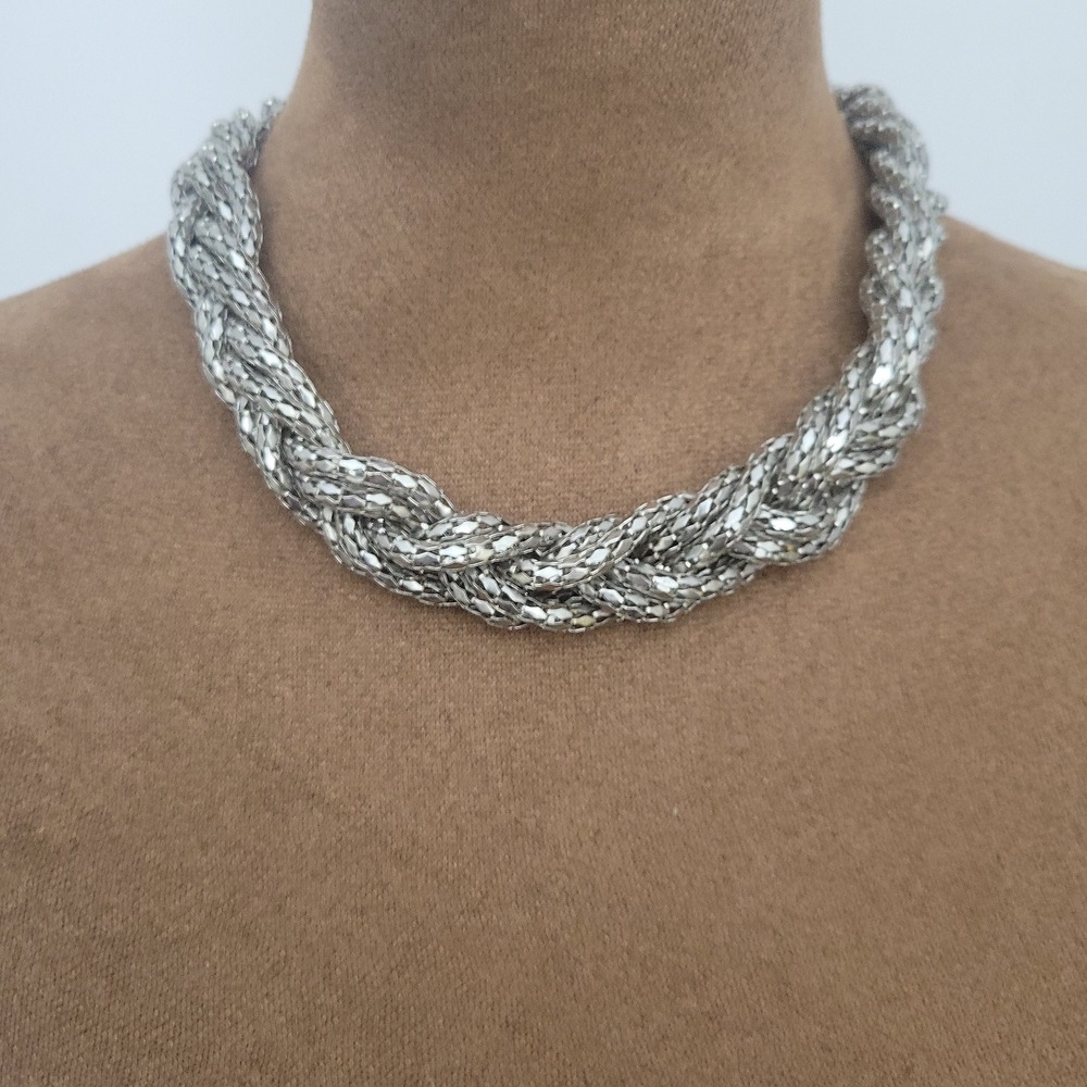 Express Silver Braided Mesh Chain Statement Choker Necklace Adjustable Eclectic‎